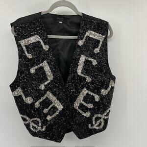 VTG Beaded Sequined Music Note Vest Adult L Black Silver Concert Performance